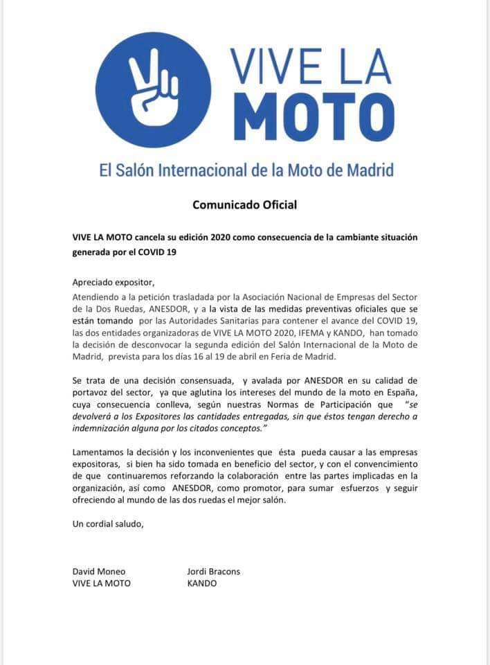 Cancelado el Salón Vive la Moto de Madrid a consecuencia del coronavirus.
